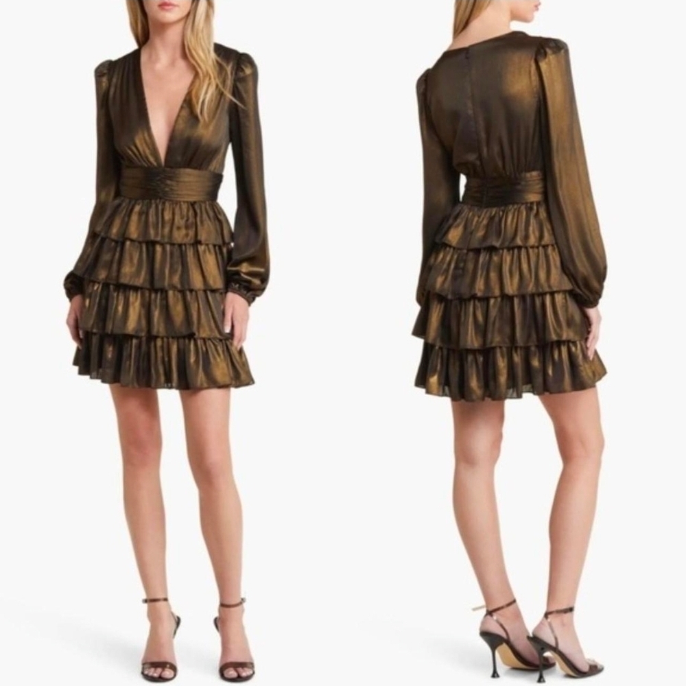 CHARLES HENRY Brass METALLIC Plunge Neck With Long Sleeve Mini Dress Size Large